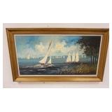1281	LARGE SIGNED OIL ON CANVAS, SAILBOATS ON THE WATER, 55 1/4 IN X 31 1/2 IN INCLUDING FRAME