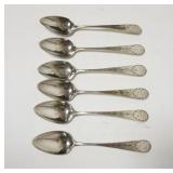 1288	6 HAND MADE SILVER SPOONS SIGNED RW, HANDLES ARE ENGRAVED & MONOGRAMMED, 5 1/4 IN LONG, 2.255 T