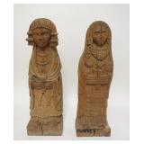 1292	2 CARVED WOODEN FIGURES, BACKS ARE FLAT, HAVE BEEN TOOLED TO HANG, SOME SPLITS, 21 IN HIGH