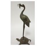 1294	ASIAN BRASS/BRONZE WADING BIRD ON A TURTLE, 9 1/2 IN HIGH
