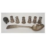 1299	SILVER LOT, 6 STERLING SMALL SALT & PEPPER SHAKERS, F LOCK & CO COIN SILVER SPOON, 7 3/4 IN & R