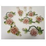 1301	GROUP OF GERMAN PORCELAIN FLOWERS, PLUS 3 SHAKERS W/FLOWER TOPS, FLOWERS ARE APPROXIMATELY 4 IN