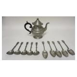 1309	PEWTER LOT, TEAPOT & 2-5 SPOON SETS, POT IS 8 3/4 IN HIGH, ONE SPOON SET HAS FIGURAL HANDLES