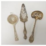 1313	3 PIECES STERLING SILVER, SLOTTED SERVER, TEA STRAINER & LADLE, MONOGRAMMED, LONGEST IS 7 1/2 I