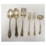 1314	6 PIECES STERLING SILVER, 2 TABLESPOONS, SERVING FORK, 2 FORKS & LADLE, 5 ARE MONOGRAMMED, LONG
