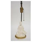 1319	BLANC DE CHINE ASIAN FIGURE MOUNTED AS A LAMP, CORD CUT, TOTAL HEIGHT IS 17 1/2 IN
