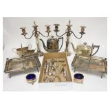 1323	SILVERPLATE LOT, PAIR OF CANDELABRA W/BOBACHES & FLAME INSERTS, 4 PIECE TEASET, 2 BASKETS, 2 SA