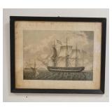 1327	PRINT OF AN EARLY AMERICAN GUN SHIP, STAINED ON THE BORDER & FOXING, 16 IN X 13 IN INCLUDING FR