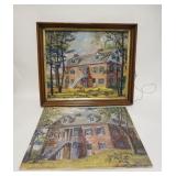 1330	2 PAINTINGS OF A HOUSE BY PERMILLA HAGGERTY ON ARTIST BOARD, LOT INCLUDES A WALNUT VICTORIAN FR