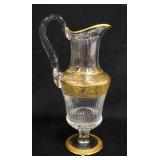 1001	ST LOUIS CRYSTAL PITCHER, CUT, ETCHED & GILT, SIGNED W/CIRCULAR ACID STAMP, APPLIED HANDLE & PO