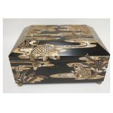 1004	MAITLAND SMITH CARVED BOX W/FISH MOTIF, BRASS BALL FEET, BLACK LACQUER W/SILVER & GOLD GILT, 15