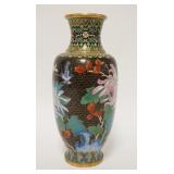 1010	CLOISONNE VASE, FLOWERS & BIRD ON A BLACK GROUND, 10 1/4 IN HIGH