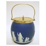 1018	WEDGWOOD ONLY DARK BLUE JASPERWARE BISCUIT JAR, METAL COLLAR, LID & HANDLE, 6 1/2 IN HIGH EXCLU