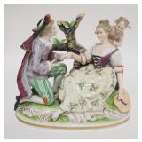 1023	ANTIQUE PORCELAIN FIGURE GROUP, MAN, WOMAN & CHERUB, WOMANS FOOT IS BROKEN, HAS MAKERS MARK, 8 