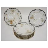 1025	7 HARVEST LIMOGES *FEU DE FOUR* PLATES, COLBALT BLUE & GOLD BORDERS, IMPORTED BY MILLAR & PECK 