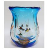 1042	LARGE INTERNALLY DECORATED GLASS VASE, FISH SWIMMING, HAND SIGNED ON THE BASE, NOT LEGIBLE, 11 
