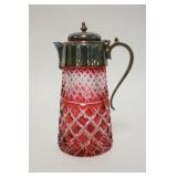 1055	CRANBERRY CUT TO CLEAR SYRUP JUG, SILVERPLATED TOP & HANDLE, 5 5/8 IN HIGH