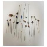 1074	GROUP OF HATPINS, 4 ARE STERLING SILVER, LARGE JEWELED OVAL IS MARKED COIN SILVER, 25 PIECES
