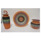 1081	3 PIECE DECORATED RED CLAY POTTERY, FINIAL ON THE LID OF THE TALL VESSEL REPAIRED, 14 3/4 IN HI