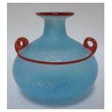 1084	TURQUOISE BLOWN GLASS VASE W/APPLIED RED RIM, THREAD & HANDLES, GROUND PONTIL, 6 1/4 IN HIGH