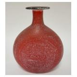1085	RED BLOWN GLASS VASE W/COBALT BLUE RIM, GROUND PONTIL, 7 3/4 IN HIGH