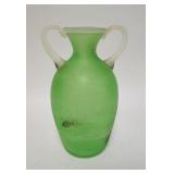 1087	GINO CENEDESE MURANO BLOWN GLASS VASE, GREEN W/APPLIED CLEAR RIM & HANDLES