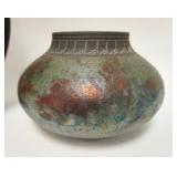1089	SIGNED ART POTTERY VASE, CARVED NECK & IRRIDESCENT MOTTLED FINISH, 6 1/2 IN HIGH X APPROXIMATEL