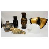 1094	GROUP OF 6 DECORATIVE ACCESSORIES, BLACK & GOLD VASE 17 IN WIDE, HAS PAINT CHIP, 15 1/4 IN BLAC