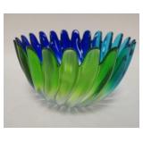 1096	FLUTED GLASS BOWL W/GREEN, BLUE & AQUA DECORATION, 9 IN DIAMETER X 5 1/2 IN HIGH