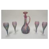 1099	COLOR STAINED REUVEN GLASS DECANTER & 4 STEMS, DECANTER IS 13 1/4 IN HIGH