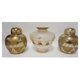 1102	3 DECORATIVE ACCESSORIES, PAIR OF GILT CERAMIC URNS & PAINT DECORATED GLASS BOWL, 11 IN HIGH