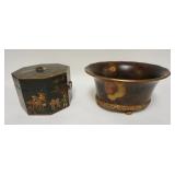 1103	2 PIECES W/DECORATED CENTERPIECE BOWL & ASIAN OCTAGONAL BOX W/MINOR PAINT LOSS, BOWL IS 12 1/2 