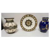 1107	3 PIECE DECORATIVE POTTERY W/METAL OVERLAY, ONE PIECE OF METAL TRIM NEEDS TO BE REATTACHED