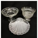 1108	3 PIECE GLASS LOT, CUT COMPOTE, CUT SHELL DISH & PRESSED COMPOTE, TALLEST IS 7 1/2 IN