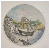 1109	LARGE POTTERY WALL PLAQUE SIGNED RAIMONDO. R. 91. TEXTURED PAINTING OF SHIPS & VILLAGE, 27 1/2 