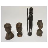 1111	4 ETHNIC WOOD CARVINGS, 3 BUSTS & HARDWOOD FIGURE, TALLEST IS 14 1/4 IN