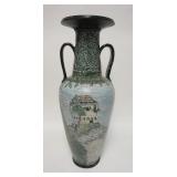 1112	LARGE POTTERY FLOOR VASE SIGNED RAINONDO. 91. TEXTURED SCENIC PAINTING, HAS A BASE CHIP, 26 3/4