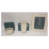 1116	4 PIECE LENOX LOT, PICTURE FRAME W/IRISES, PLUS 3 BOXED PIECES, VOTIVE, BOWL & VASE