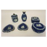 1120	6 PIECES WEDGWOOD JASPERWARE, 2 TRAYS, 3 COVERED BOXES & A 5 3/8 IN VASE, ALL MADE IN ENGLAND