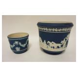 1124	2 WEDGWOOD JASPERWARE JARDENIERES, MADE IN ENGLAND, LARGEST HAS A RIM REPAIR & SPIDER IN THE BA