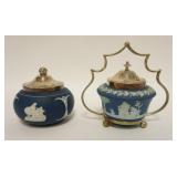 1125	WEDGWOOD & ADAMS JASPERWARE SUGAR BOWLS W/METAL LIDS, THE WEDGWOOD BOWL ALSO HAS A FRAME, 6 3/4