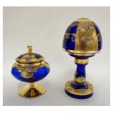 1126	COLBALT BLUE W/GOLD GLASS COVERED JAR & CANDLE LAMP, APPLIED PORCELAIN FLOWERS