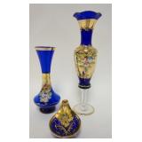 1129	3 PIECE COBALT BLUE W/GOLD GLASS, APPLIED PORCELAIN FLOWERS, TALLEST VASE IS 10 1/4 IN