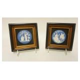 1131	2 SMALL JASPERWARE PLAQUES IN FRAMES, FRAMES ARE 5 3/4 IN SQUARE