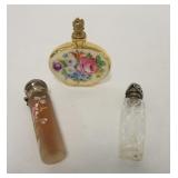 1135	3 PERFUME BOTTLES, ONE ENALEMED VICTORIAN THAT HUNG ON A CHATELAINE, STOPPER MISSING, ONE CUT W
