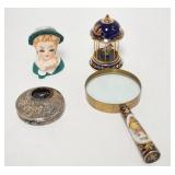 1138	4 PIECE LOT MINI HEAD VASE, STIEFF SILVERPLATED CIGAR CUTTER, LIMOGES CHINA BIRD CAGE & A MAGNI