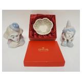 1142	DONEGAL PARIAN CHINA LATTICE BOWL IN ORIGINAL BOX PLUS 2 PORCELAIN CLOWN HEADS, BOWL IS SIGNED 