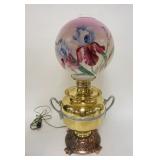 1154	VICTORIAN PARLOR LAMP, ELECTRIFIED, SHADE HAS HAND PAINTED IRISES, 23 IN HIGH