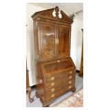 1162	HERITAGE HEIRLOOM INLAID SLANT FRON SECRETARY, SHELL FINIAL, BRACKET FEET, 91 IN HIGH X 40 IN W