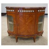 1174	INLAID DEMILUNE 3 DOOR CABINET, HAS 2 SIDE CURVED GLASS DOORS & CENTER BLIND DOOR, BRASS DECORA
